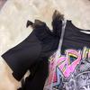 Used Y2K SYNAPSE FACTORY Graphic T-shirt Ruffle Lace Black