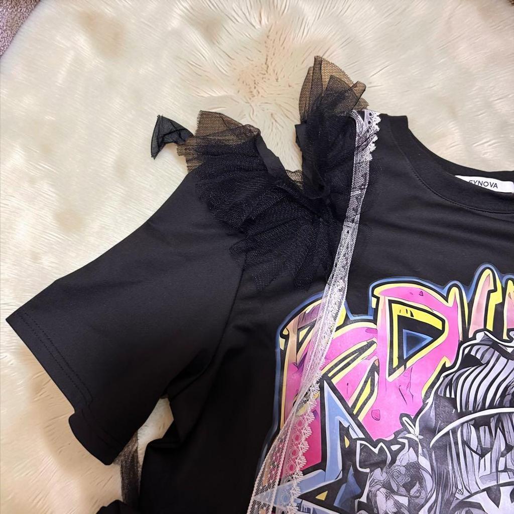Used Y2K SYNAPSE FACTORY Graphic T-shirt Ruffle Lace Black