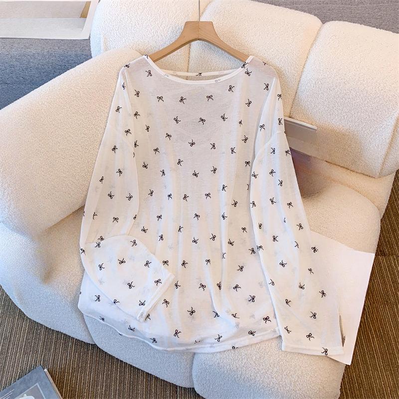 Women's Summer Long Sleeved Thin Cross Hollow Backless Top with Butterfly Print Slightly Transparent Lady T-shirt