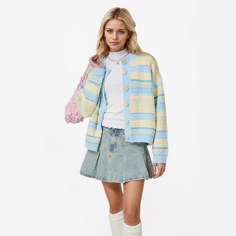 

Осенне-зимний женский кардиган в полоску с круглым вырезом, вязаный свитер, куртка One Size светло-синий