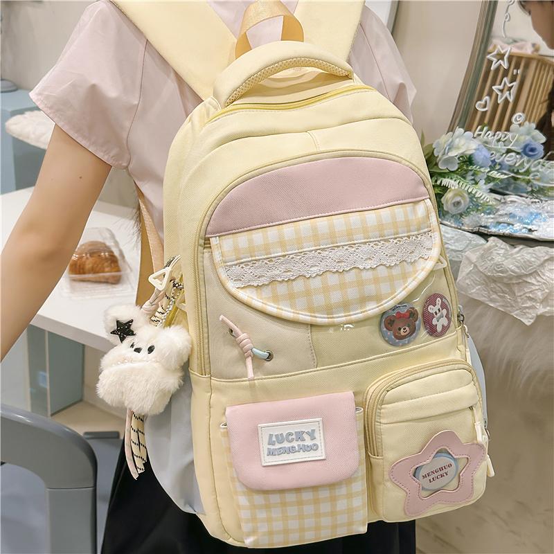 Plaid Backpack Junior High School Student Lightweight Schoolbag Color Block Large Capacity Backpack
