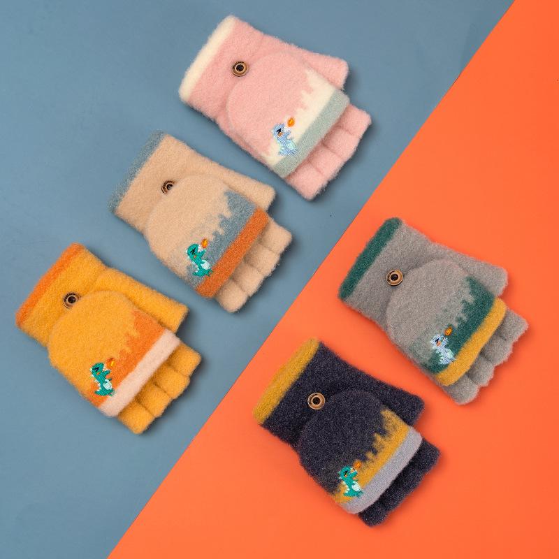 Xuehuaxiu children's thermal gloves knitted men's and women's middle children's flip dinosaur cute cartoon thermal gloves wholesale