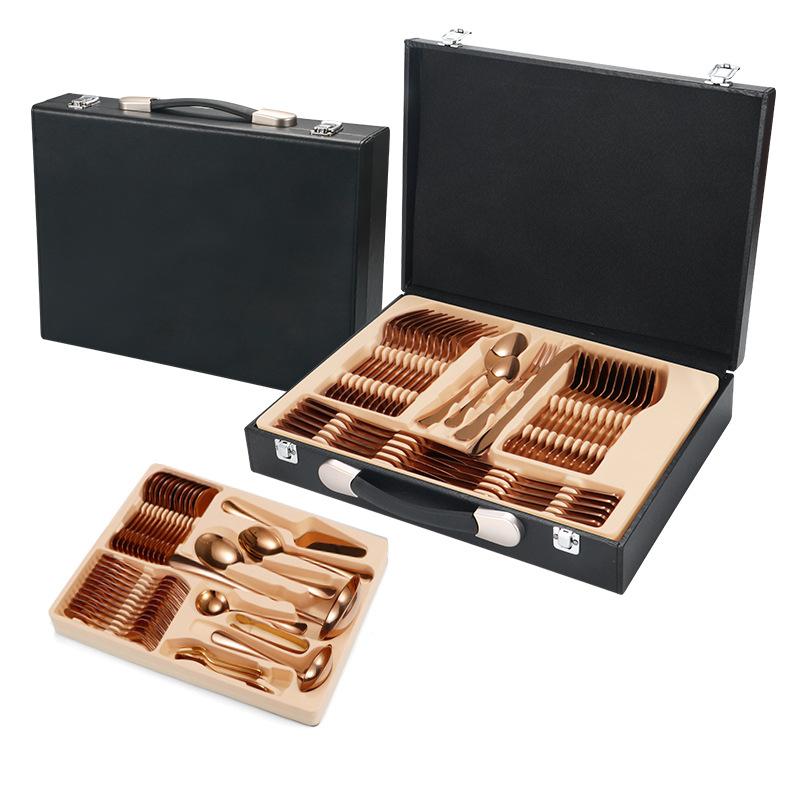 

Нож, вилка и ложка Посуда из нержавеющей стали Костюм из 72 предметов Креативный высококлассный набор из нескольких предметов Костюм Подарочная коробка Кожаный чехол