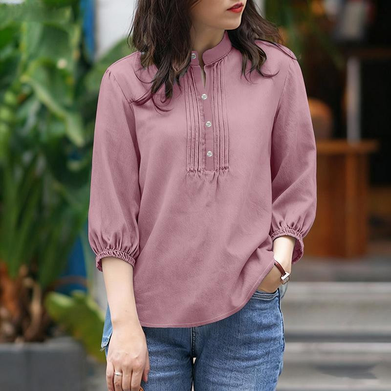 ZANZEA Damska codzienna bluzka z luźnym krojem, ze stójką, w jednolitym kolorze, z rękawami 3/4