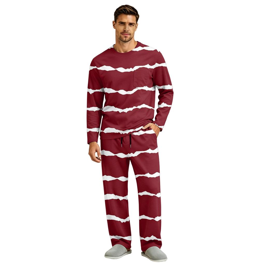 Men's Pajama Set Long Sleeve Top and Long Pants with Button Crotch and Elastic Drawstring Waist for Home Loungewear
