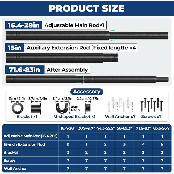 Mavivegue Closet Rod, 17 to 84 Inch Adjustable Closet Rods for Hanging Clothes, Heavy Duty Tension Rod, Black Curtain Rod, for Closet, Wardrobes,