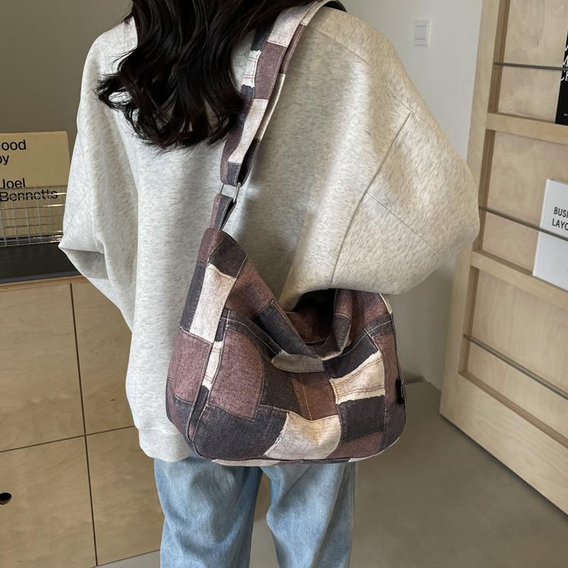 Large Capacity Bag Women'S Summer Versatile Student Canvas Bag Japanese Niche Denim Messenger Bag Plaid Armpit Bag