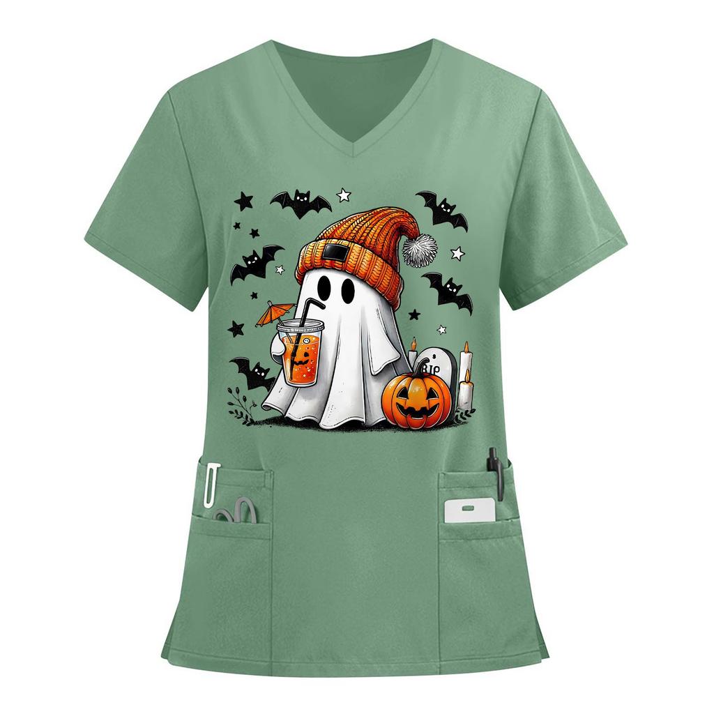 Women's V-neck Halloween Printed Short-sleeved Pocket Side-slit Protective Suit Top