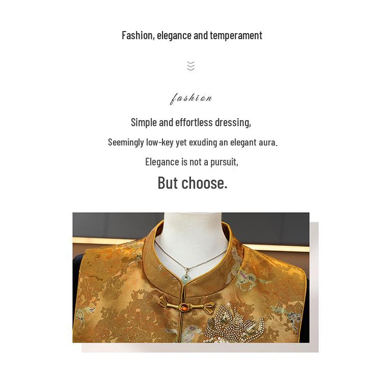 Spring Three-Piece Chinese-Style Outfit: Vest, Long-Sleeve Top, and Wide-Leg Pants for Middle-Aged and Elderly Women
