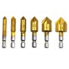 Titanium-Plated Hex Shank 5-Flute Countersink Set: 6-19mm Woodworking Chamfering Tool, 6pcs