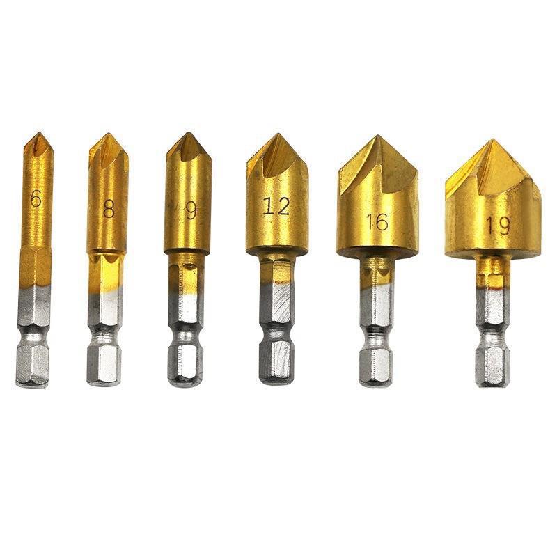 Titanium-Plated Hex Shank 5-Flute Countersink Set: 6-19mm Woodworking Chamfering Tool, 6pcs
