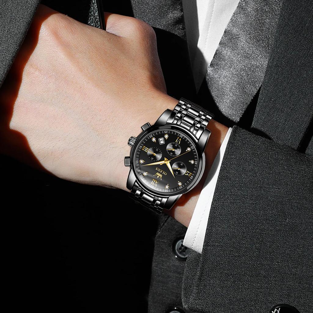 Olevs Black Business Watch with Date Metal Black Large Watch for Casual Stylish and Cool Men's Watch Quartz, Waterproof, Analog, Display, Band,