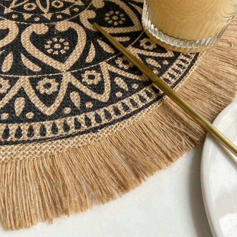 Boho Round Placemat 15 Inch,Farmhouse Woven Jute Fringe TableMats with Pompom Tassel Place Mat for Dining Room INS Table Decors