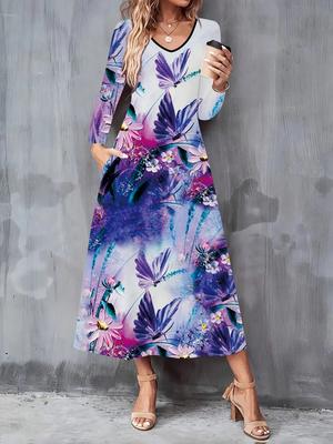 Vestido Casual de Moda para Mujer Otoño e Invierno 2025 Estampado de Mariposa 3D Vestidos de Manga Larga con Cuello en V de Corte A