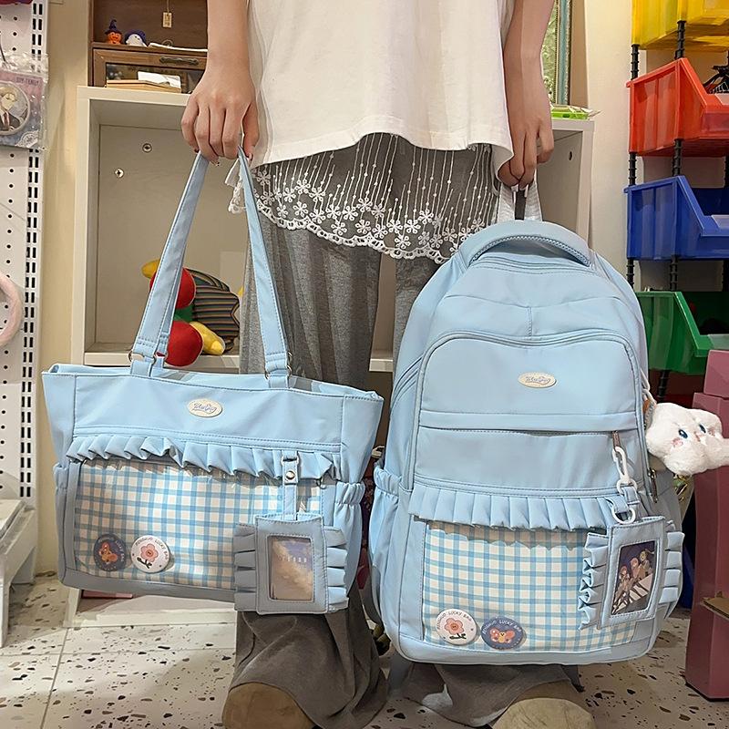 Schoolbag Korean Version Cute Plaid Schoolbag Female Junior High School Student High Value Transparent Bar Pain Bag Ins Wind Large Capacity Backpack