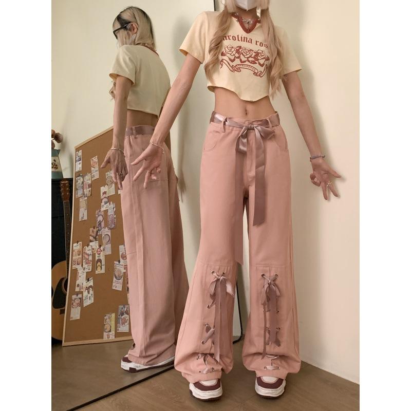 

Сладкие и крутые рабочие брюки с розовым галстуком-бабочкой для пряных девушек/узкие прямые брюки-трубы уникального дизайна L розовый