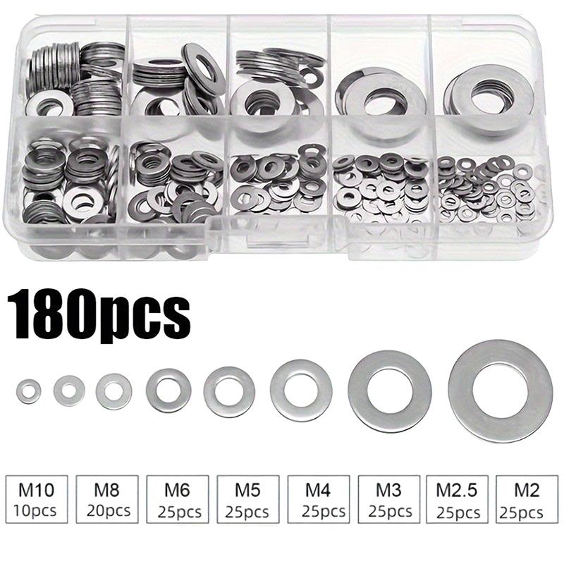 180 Pcs 304 Stainless Steel Flat Washer Set M2/2.5/3/4/5/6/8/10 Suitable For Home Decoration Factory Maintenance Kitchen Store