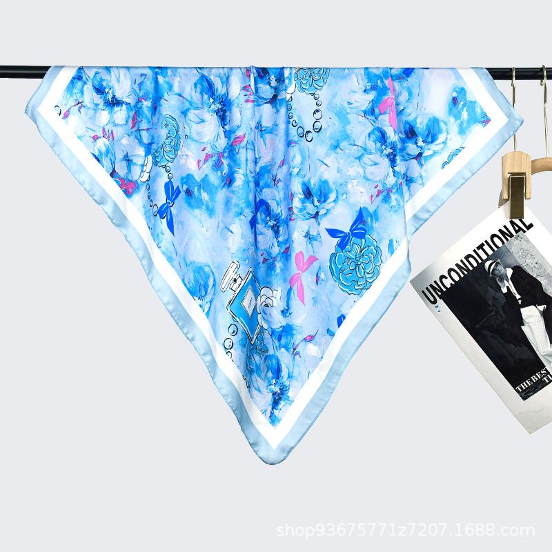 71 Simulation silk blue oil painting small fresh women's square scarf fashion commuter plant flower small silk scarf scarf