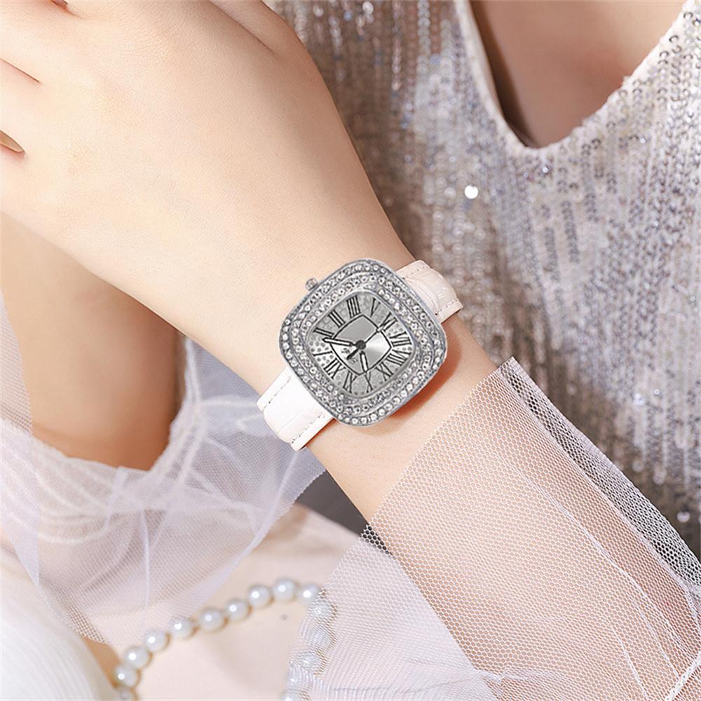 Simple Square Rhinestone Quartz Watch Casual Leather Women's Clock Wristwatch