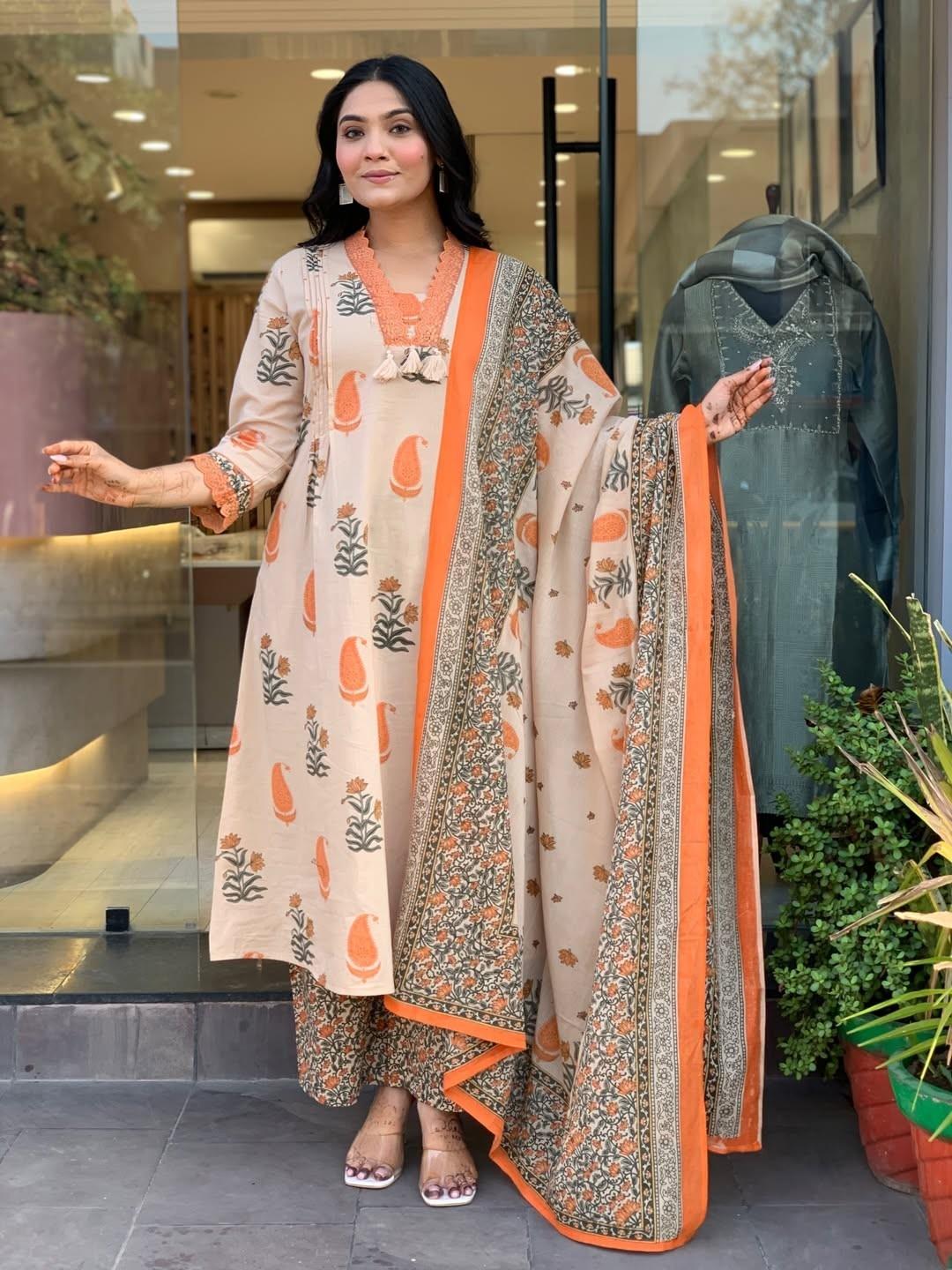 Beautiful Blockprinted Aline Kurta Palazzo Dupattas Set Indian Women s Kurti Set