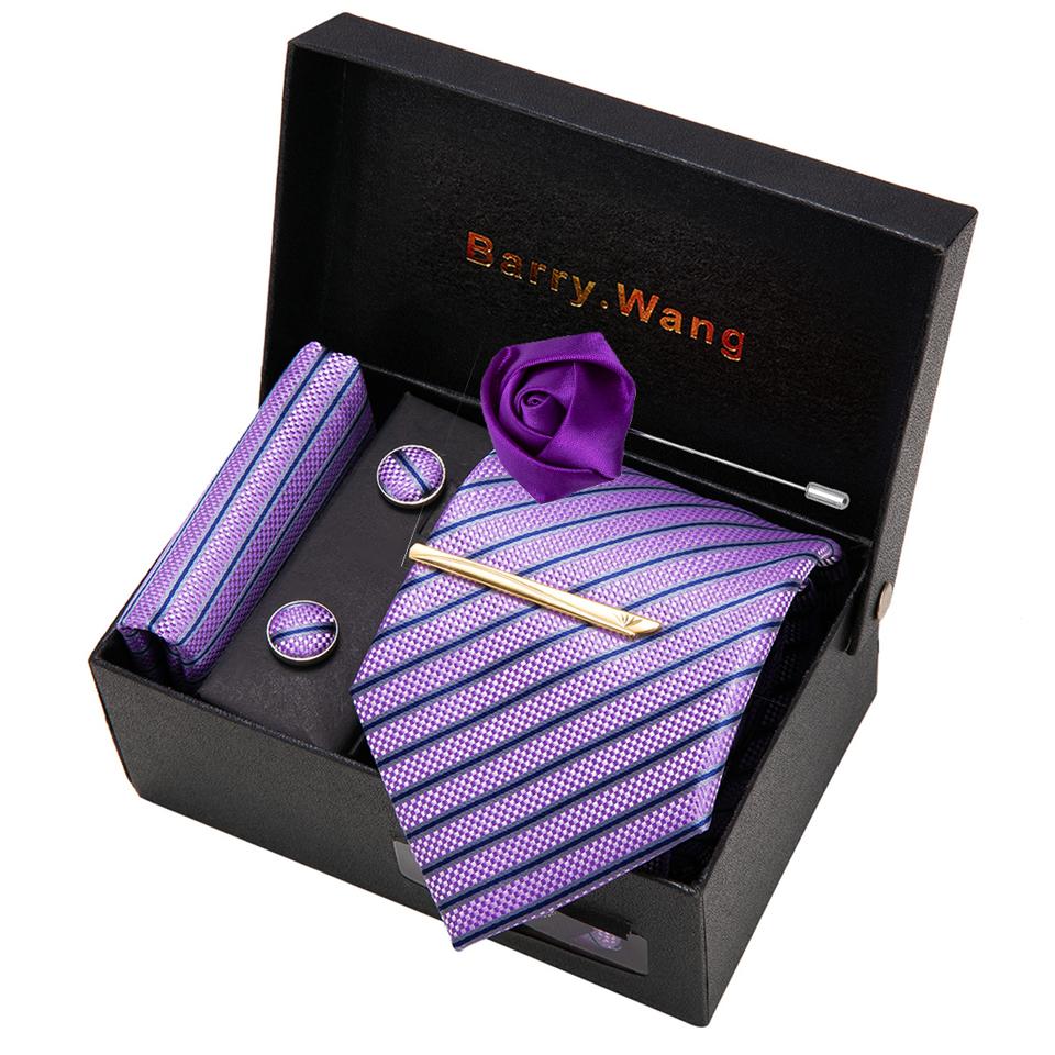 

Подарочные галстуки Barry.Wang для мужчин, шелковый галстук, носовой платок, запонки, бутоньерка, зажим для галстука с подарочной коробкой N-5307