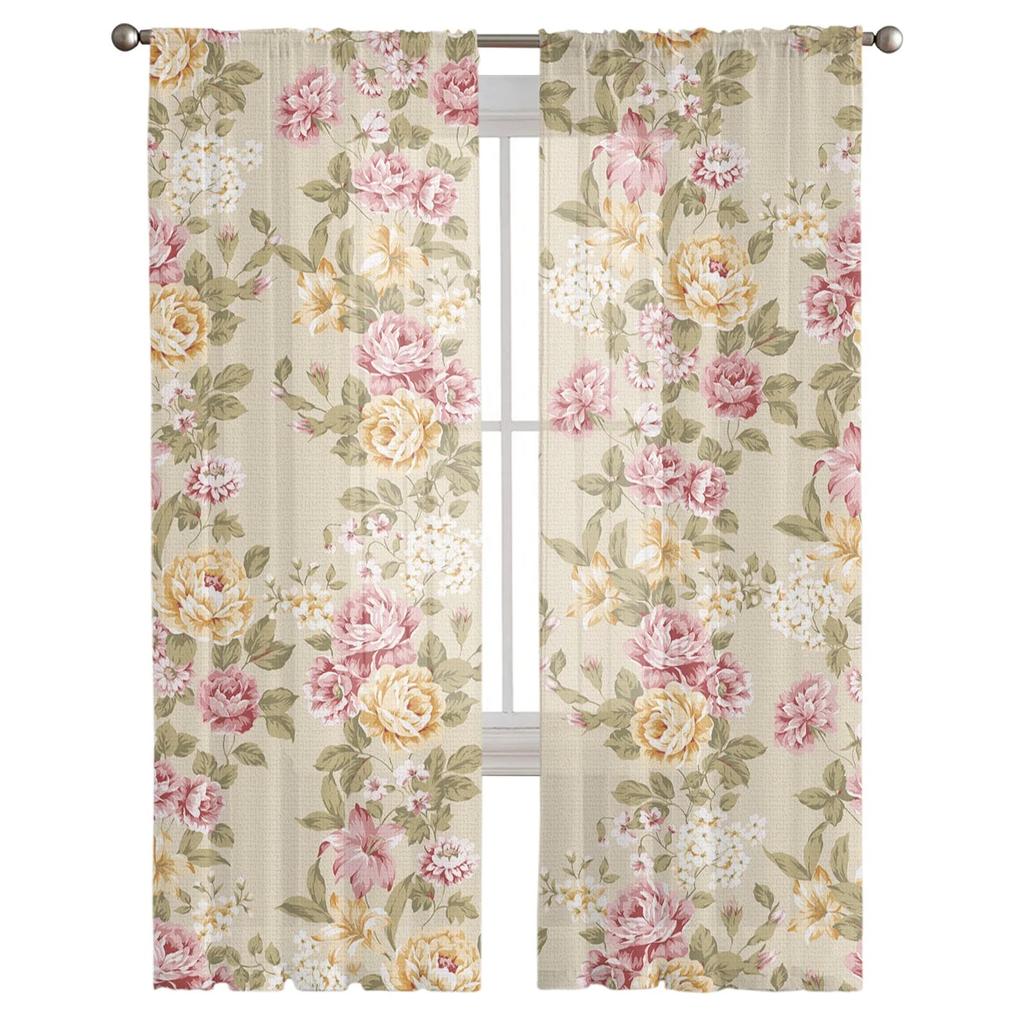 Blumenstrauß, Rosen, Blumen, gelb, rosa, Fenstervorhänge für Wohnzimmer, Küche, Türvorhang, transparente Vorhänge für Schlafzimmer