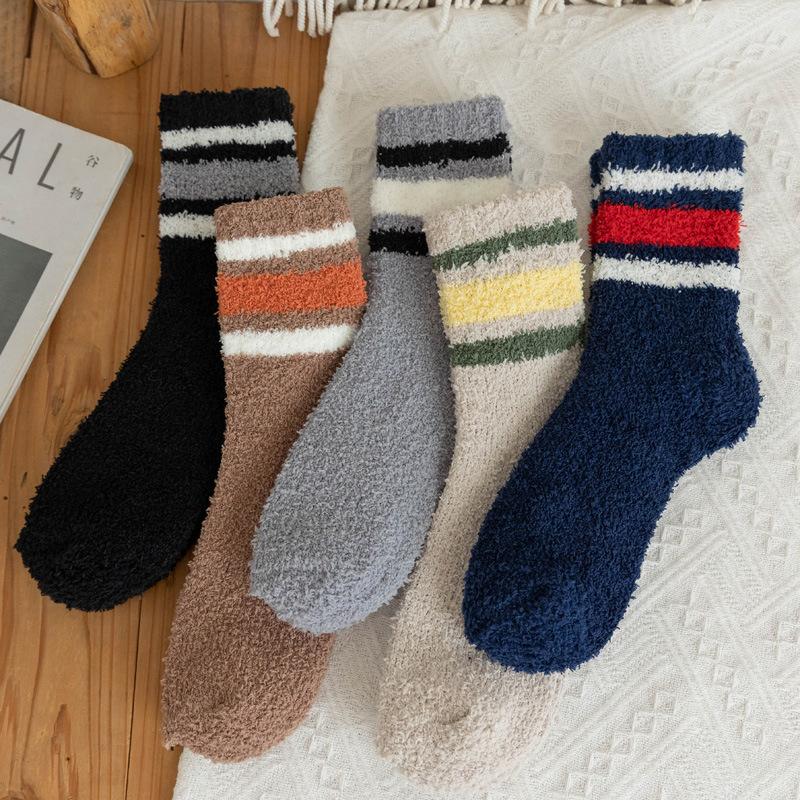 5/10 Pairs Striped Coral Fleece Socks for Men Winter Thickened Warm Mid Calf Socks Home Floor Socks Comfortable