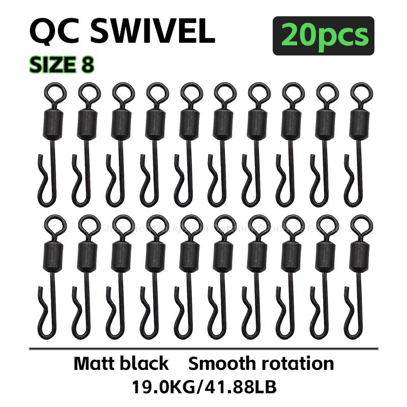 20pcs Carp Fishing Accessories QC Swivel Size 8 Fit With Anti Tangle Sleeve Lead Clip Smooth Rotation Matt Black For Carp Fishing Terminal Tackle