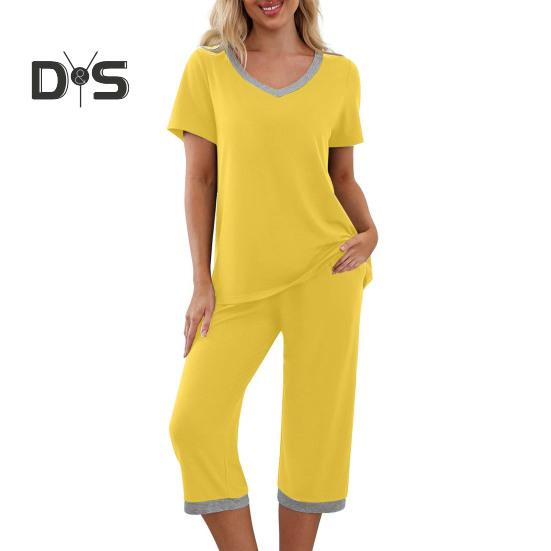 

2 шт./компл. пижамный комплект с v-образным вырезом контрастного цвета, с короткими рукавами, свободная домашняя одежда, укороченные брюки с эластичной резинкой на талии, летняя ночная одежда 2XL жёлтый