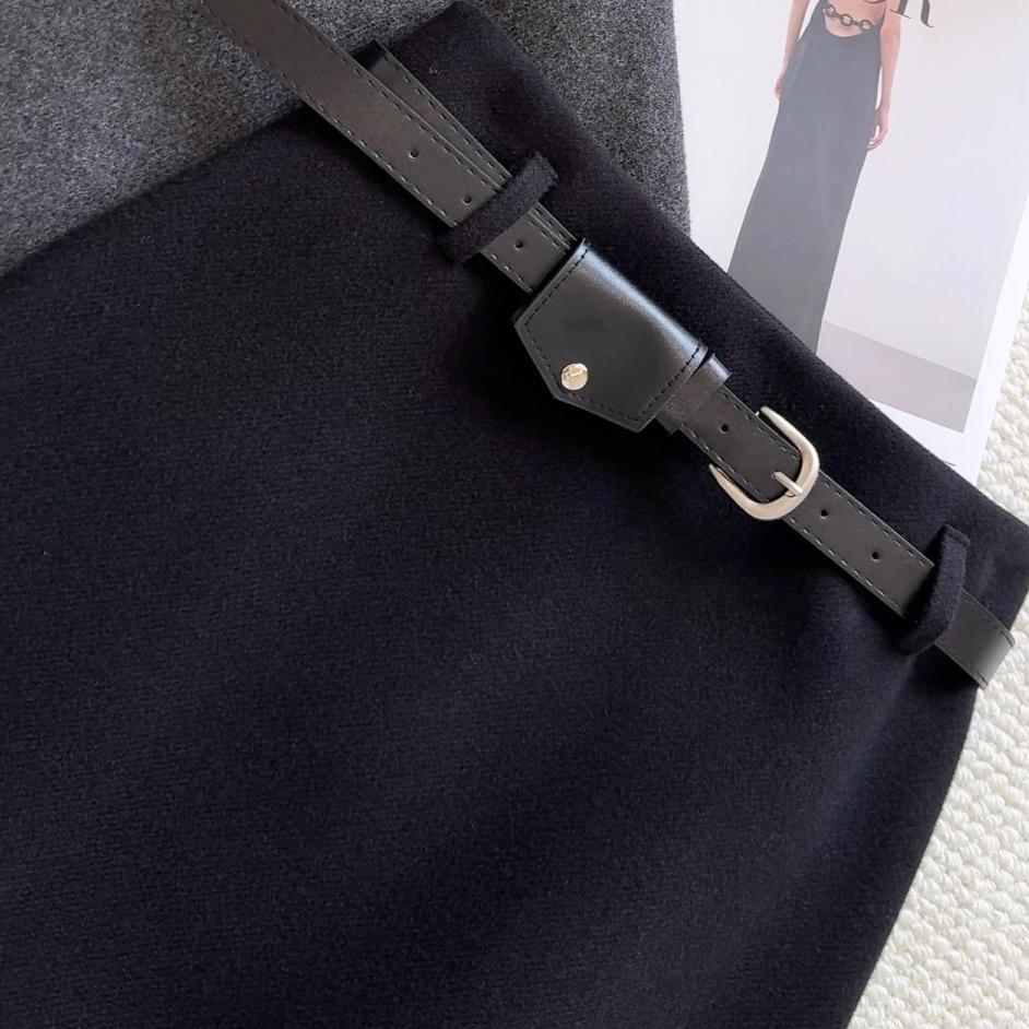 Women's Plus Size Gray A-Line Wool Skirt with Belt - Thick, Hip-Hugging Half Skirt for Spring and Autumn