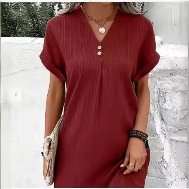 Summer Women Dress V Neck Button Short Sleeve Loose Solid Pullover Casual Daily Wear Mini Dress