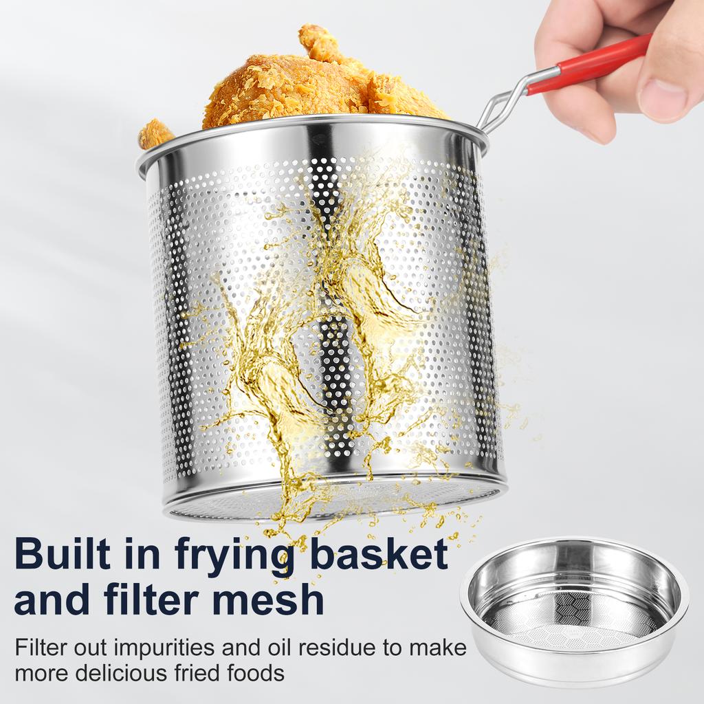 Deep Fryer Pots Stainless Steel Deep Frying Pot Portable Kitchen Oil Fryer Pots with Strainer Basket Handle and Lids for Cooking