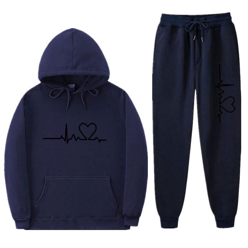 Unisex Oversized Hooded Sweatshirt Set With Heart Print Fleece Lined Casual Sportswear Fall