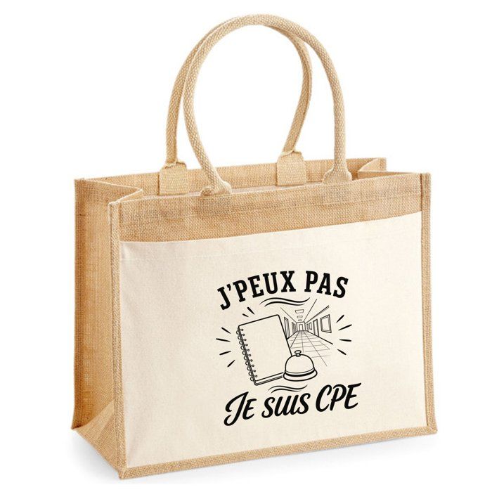 Sac Cabas Jute avec Poche J’peux pas je suis CPE J'peux pas minimaliste | Toile de Jute et Coton 21 L Fond Plat Anses 65 cm