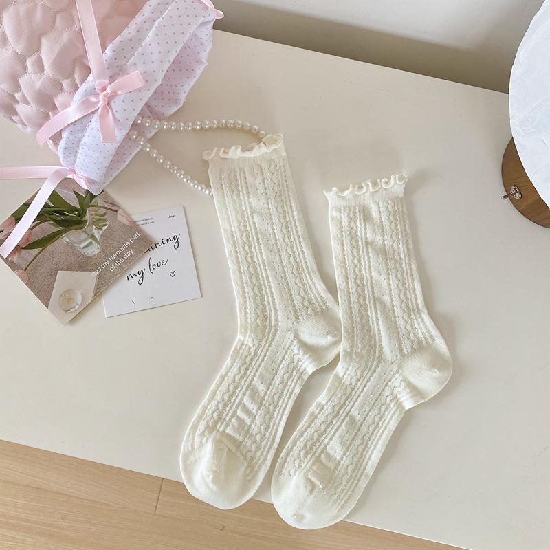 

5pair Japanese Mesh Socks Children S Hollow Water Ripple Spring And Summer Thin Women S Socks Solid Color Fungus Edge Medium Tube Stacking Socks One size fits all белый