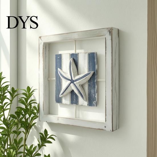 Small Beach House Ornaments 3D Conch/Starfish/Shell Wooden Frame Wall Art, Distressed Coastal Style Decoration, Seaside Theme Decorations Ocean