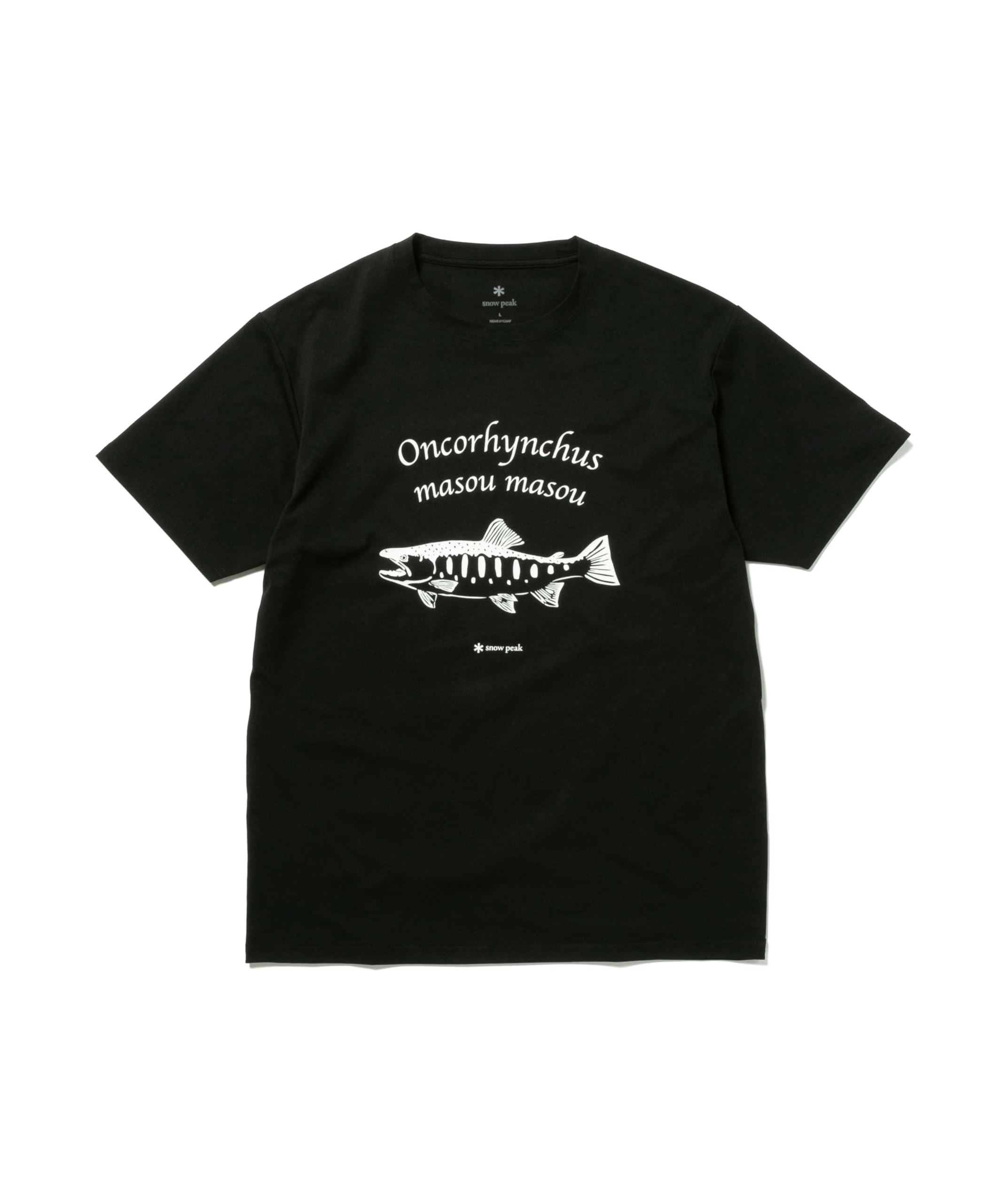 

Snow Peak Logo T-Shirt, Toned Trout Yamame, size LBLACKTT2510-TS02, perfect for camping, outdoor activities, and festivals