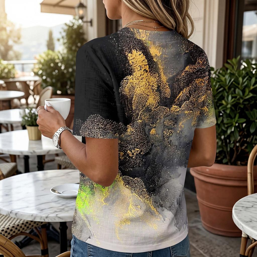 Damen Henley-Shirt mit kurzen Ärmeln Knopfleiste Leinen-Baumwollmischung Lässige bedruckte Bluse Leichtes Sommeroberteil