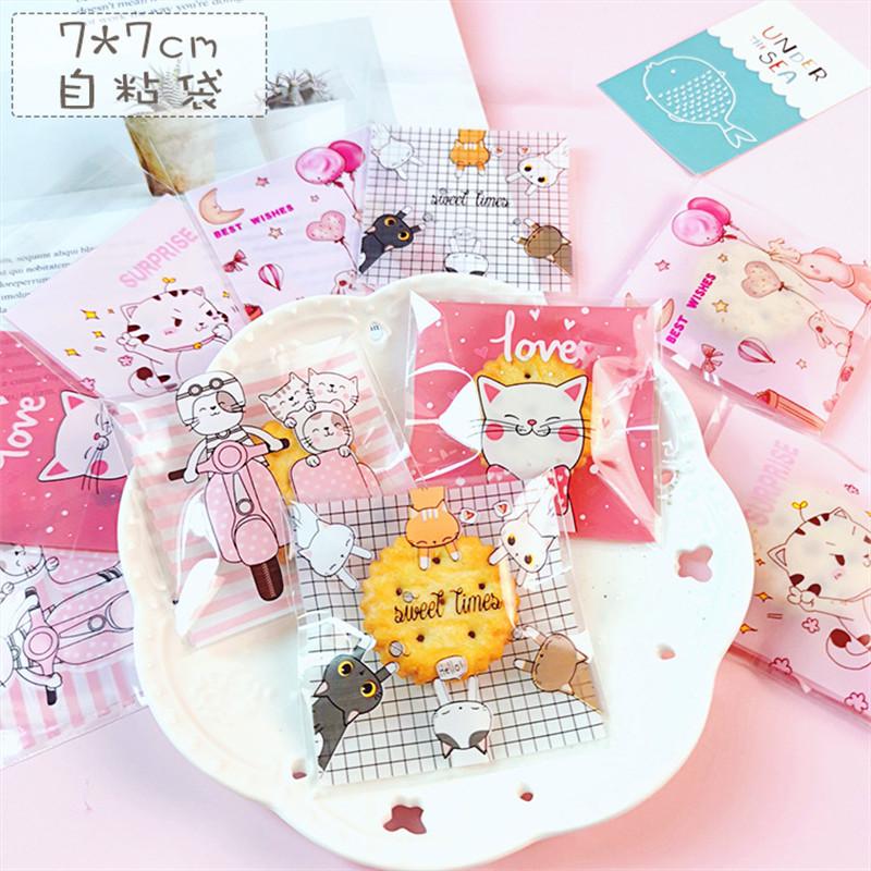 100 Pcs 7x7+3cm Plastic Cartoon Self-Adhesive Bag Bakery Packaging Cookie Snack Candy Bags For Wedding Party Gift