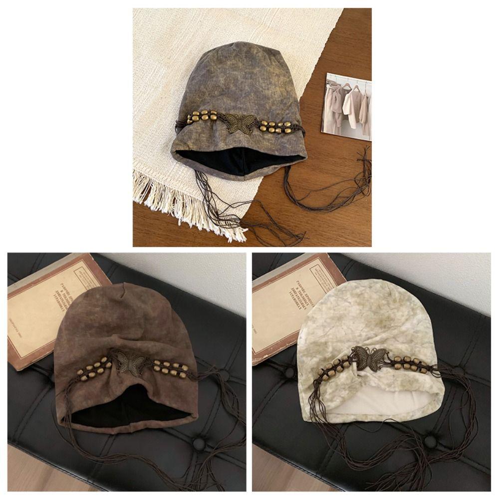 Tassels Beaded Butterfly Hat Weave Knitted Tie-dye Hat Wasteland Pullover Cap  Apparel Accessories