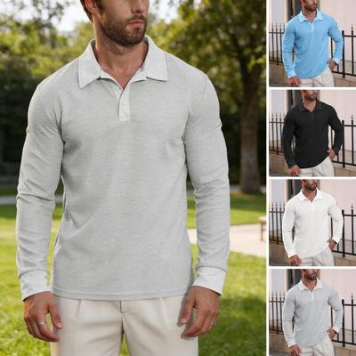 Men Waffle Golf Shirt Long Sleeve Turndown Collar Shirt Quarter Button Neck Casual Shirt for Vacation Office Party Date