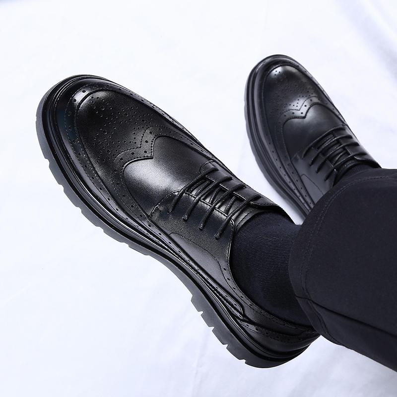 Spring New Men's Genuine Leather British Style Thick Sole Casual Leather Shoes Brand Men's Lace Up Carved Business Leather Shoes