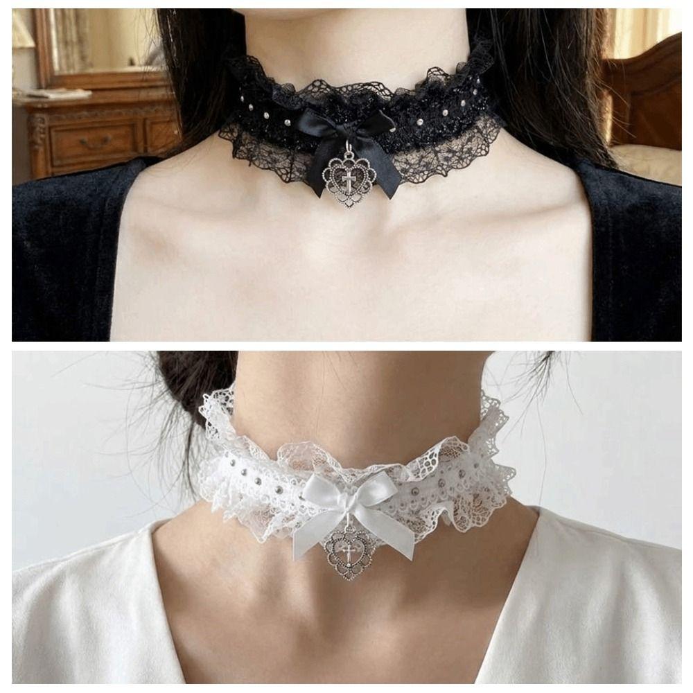 Cute Love Heart Lace Necklace Y2K Party Jewelry Lolita Choker Role Play Accessory Punk Cosplay Necklace Women