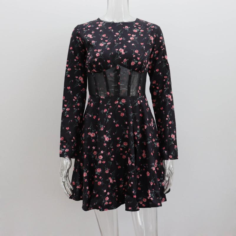 Women's Long Sleeved Summer Round Neck Floral Dress Sexy Mesh Hollow Out Short Skirt Hollow Out Patchwork Dress