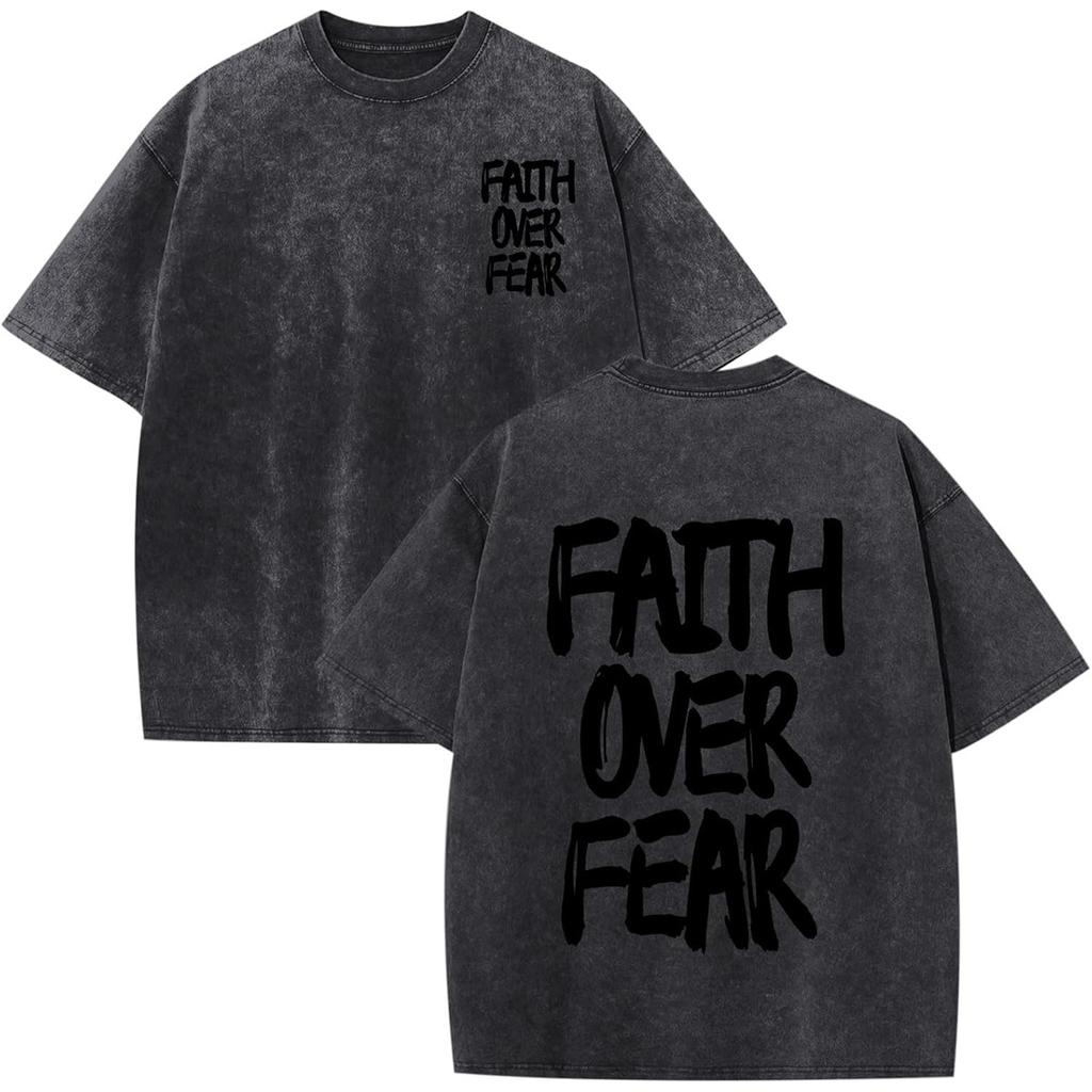 Men's Washed Faith Over Fear Print 100% Cotton Oversized Short Sleeve T-shirt