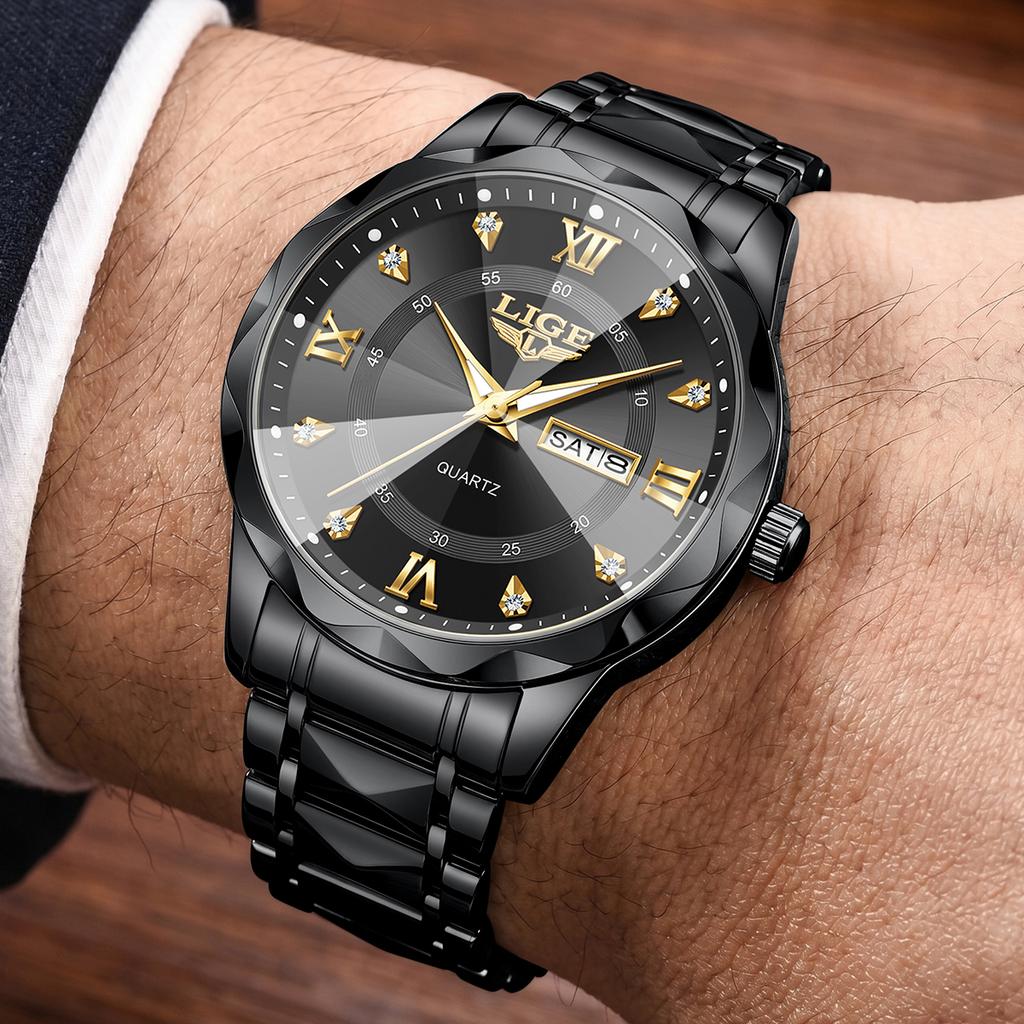 LIGE Top Brand Luxury Man Wristwatch Waterproof Luminous Date Week Men Watches Stainless Steel Quartz Men's Watch Male reloj