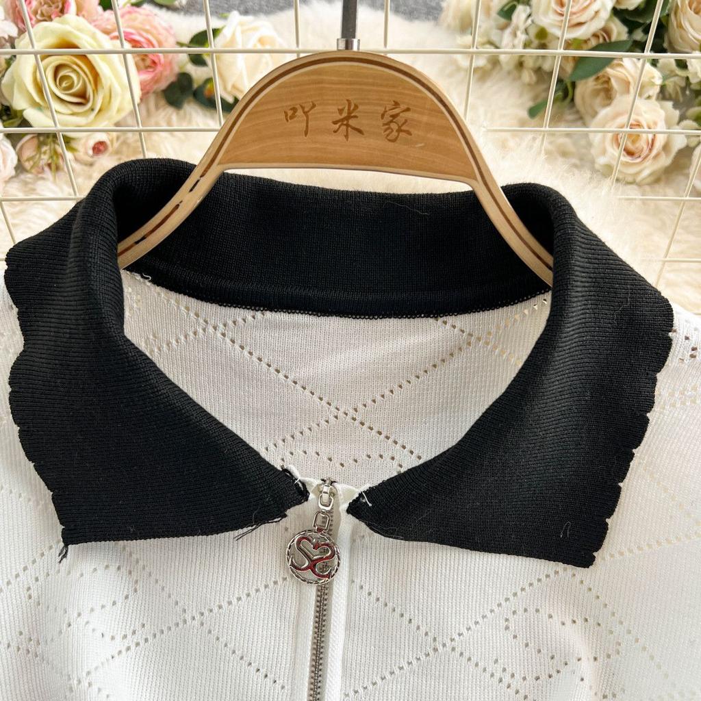 Summer New French Elegant Lapel Zipper Collar Rhombus Hollow Knitted Dress Women's Medium and Long Skirt