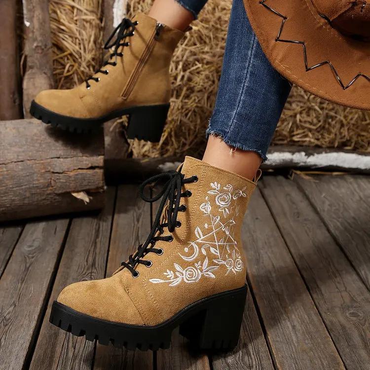 2026 new Flower Platform Boots Chunky Punk Suede Leather Womens Gothic Shoes Nightclub Lace Up Back Zipper High Quality
