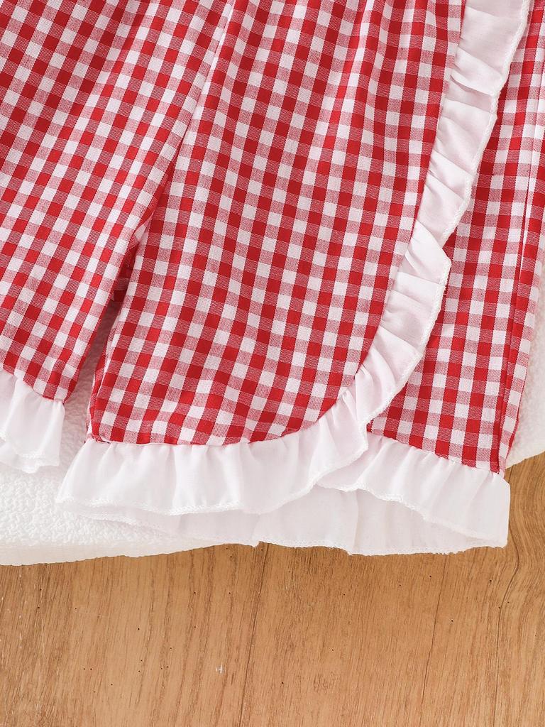 Red Plaid Strawberry Suspender Vest & Ruffle Shorts Set for Baby & Toddler Girls