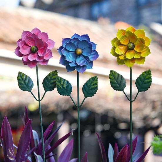 3 Pcs 15.5'' Flower Garden Stakes Colorful Metal Flower Yard Art Outdoor Rust Proof Plant Sticks for Lawn Patio Pathway Decoration